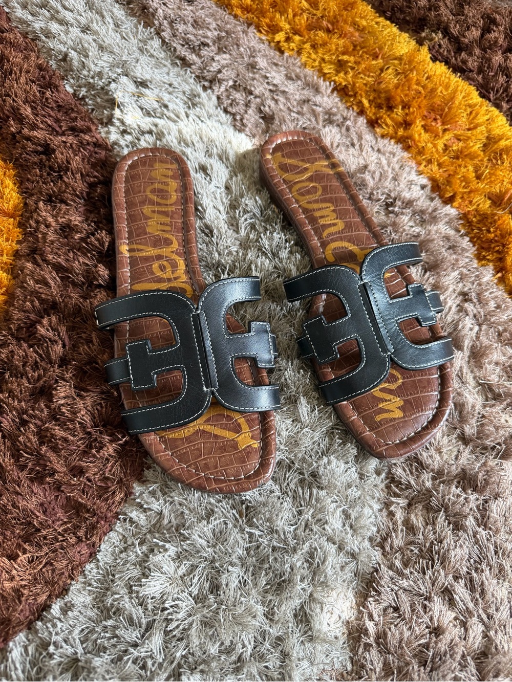 Sam Edelman Black Slide Sandals with Brown Croc-Textured Footbed